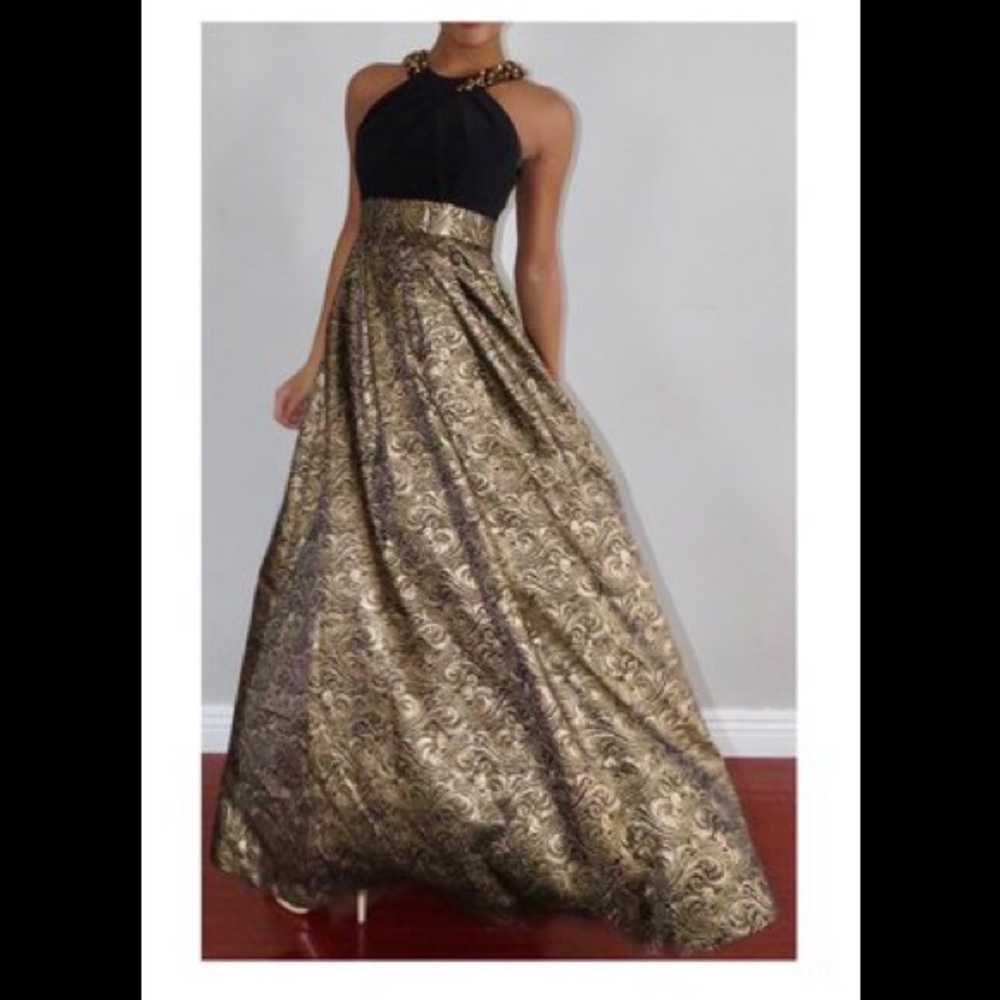 Black and Gold Halter Evening Gown